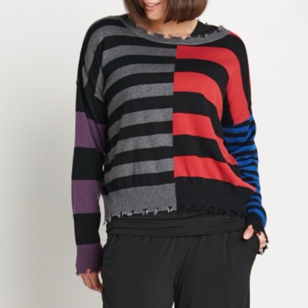 Planet by Lauren G Pima Cotton Modal Striped
Tattered Crewneck Sweater in Red